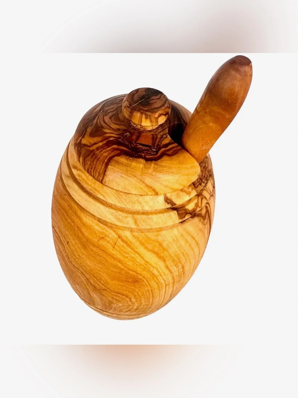 Handcrafted Olive Wood Honey Jar and Dipper - Natural Brown 6.5” x 3,5”